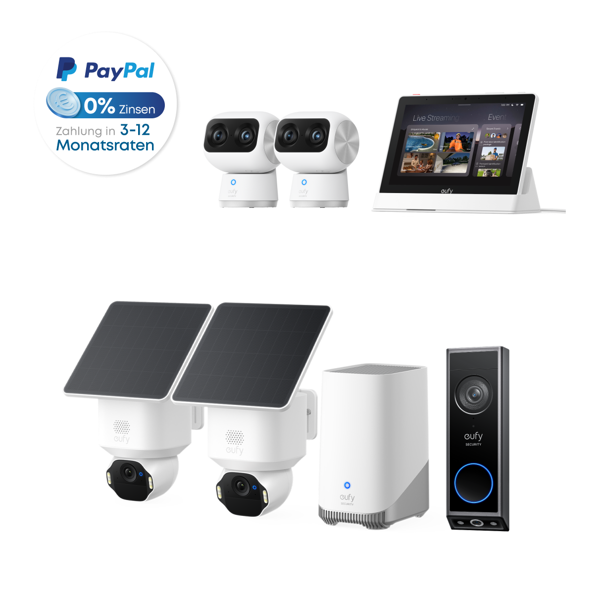 Eufy SoloCam E42 Kit 2 (HomeBase S380)+Telecamera per interni S350 Kit 2+Smart Display+Videocitofono E340