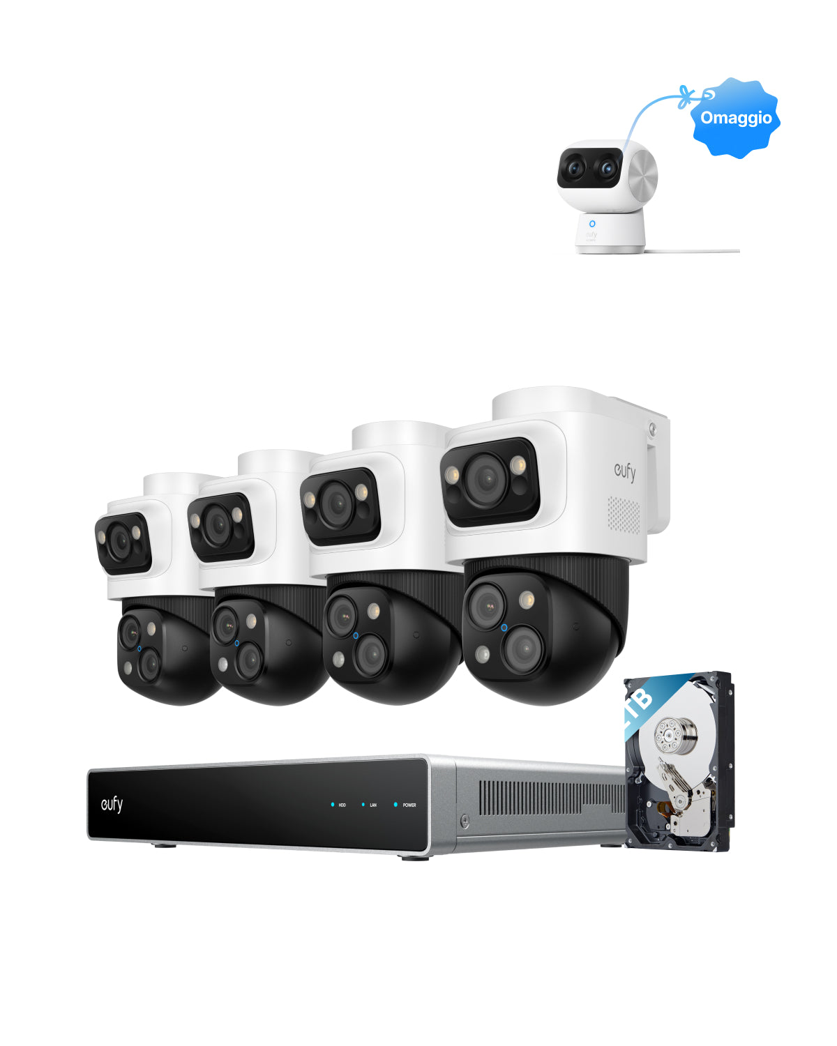 Sistema di Sicurezza eufy PoE NVR S4 Max+Telecamera per interni S350